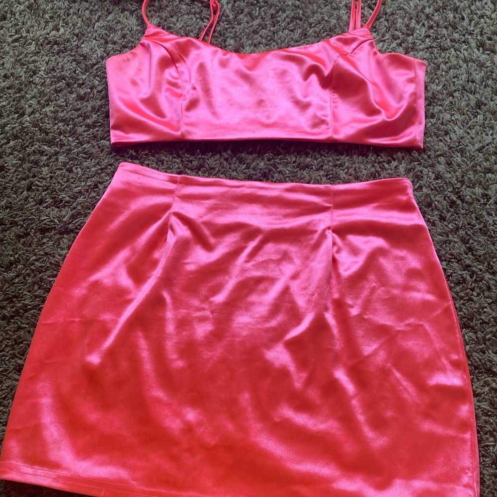Metallic pink two piece skirt set